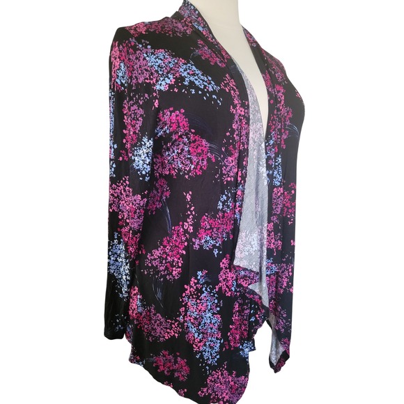 Lane Bryant Cardigan 18/20 Black Pink Floral Open Front Waterfall Excellent - Picture 3 of 8